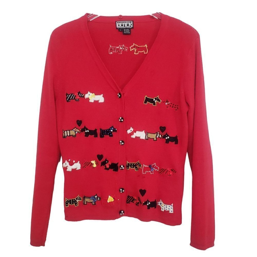 Berek Dog Cardigan Red Knit Cotton Blend V Neck Sweater Womens Size Large